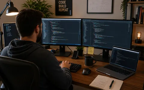We see a software developer sitting at a brown desk with multiple-screens, we are looking at him from behind as he works. His Macbook and paper notebook is also on his desk.