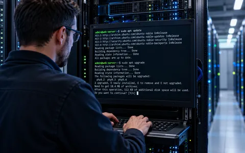 A system administrator applies critical PHP security updates through a Linux terminal in a data centre. The emergency patches address vulnerabilities that could allow unauthenticated attackers to execute malicious code on vulnerable web servers.