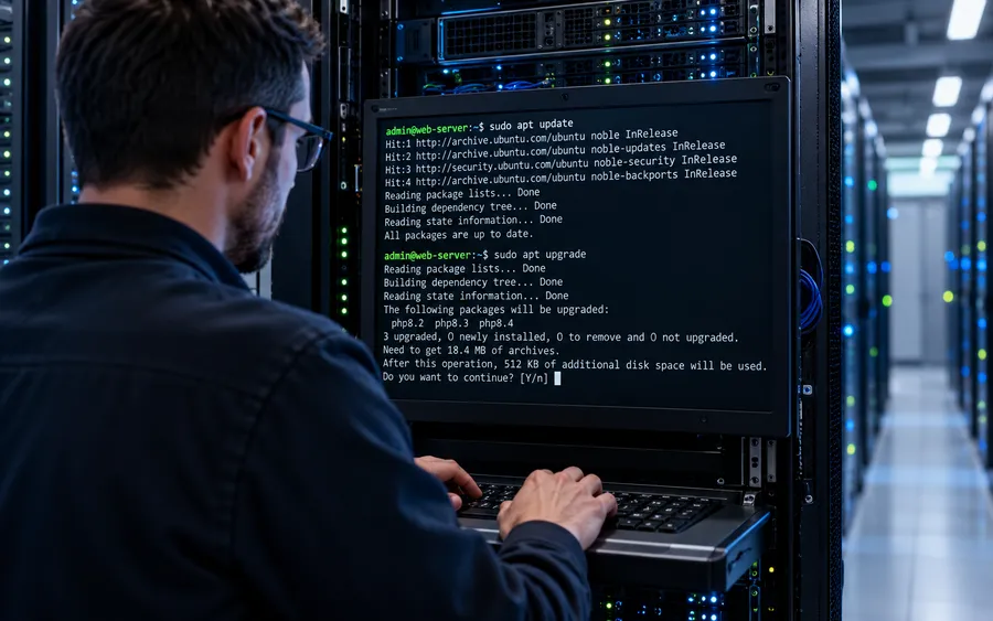 A system administrator applies critical PHP security updates through a Linux terminal in a data centre. The emergency patches address vulnerabilities that could allow unauthenticated attackers to execute malicious code on vulnerable web servers.